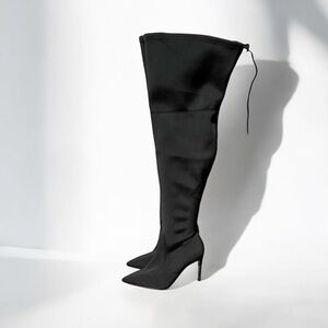 🌻NEW Good American Black Over the Knee High Lace-up Detail Heeled Boots Size 5